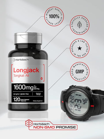 Horbäach Longjack Tongkat Ali for Men and Women | 120 Capsules | Extract Supplement | Maximum Strength Pills | Eurycoma Longifolia | Non-GMO and Gluten Free