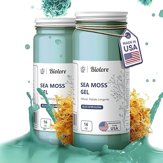 Biolore - Gel de Musgo do Mar 7700mg Blue Spirulina Feito nos EUA Raw Wildcrafted Irish Seamoss Vitaminas Essenciais Minerais Traços Vegan Superfood para Suporte Imunológico, Geleia