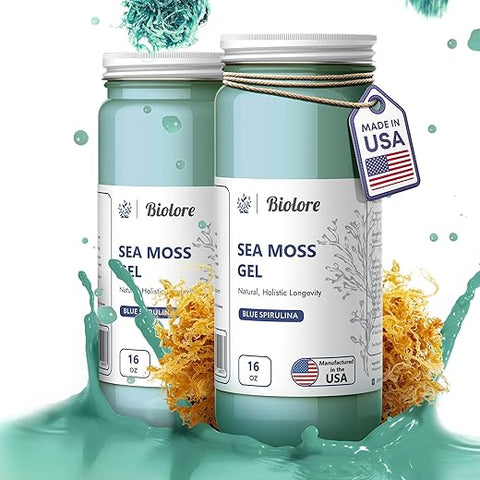 Biolore - Gel de Musgo do Mar 7700mg Blue Spirulina Feito nos EUA Raw Wildcrafted Irish Seamoss Vitaminas Essenciais Minerais Traços Vegan Superfood para Suporte Imunológico, Geleia