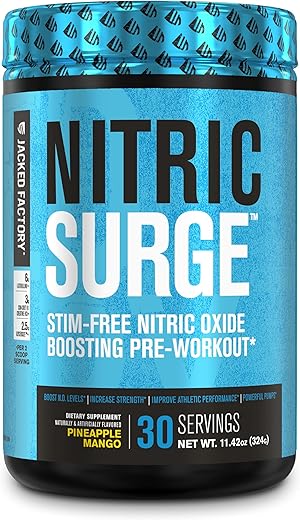 Jacked Factory - Nitric Surge – Pó Pré-Treino Estimulante Sem Cafeína – Suplemento de Óxido Nítrico com Con-Cret Creatina e L Citrulina