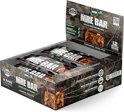 x Mossy Oak MRE Barra de Proteína, Caramelo Trail Mix – 20g de Proteína de Alimentos Integrais Óleo MCT – Fácil Digestão, Barra de Substituição de Refeição com Baixo Teor de Açúcar e Equilíbrio de Macros (12 Unidades) - REDCON1