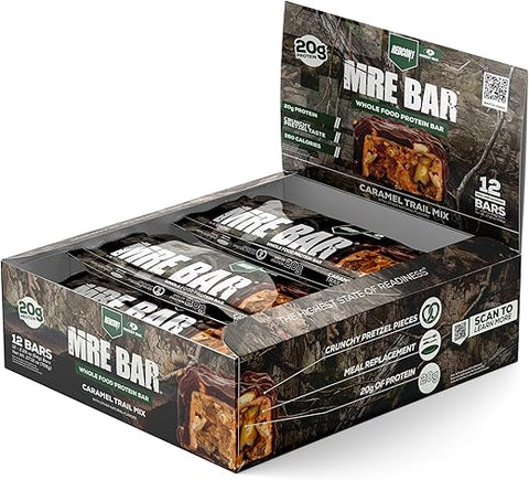 x Mossy Oak MRE Barra de Proteína, Caramelo Trail Mix – 20g de Proteína de Alimentos Integrais Óleo MCT – Fácil Digestão, Barra de Substituição de Refeição com Baixo Teor de Açúcar e Equilíbrio de Macros (12 Unidades) - REDCON1