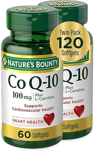 Nature's Bounty - Nature’s Bounty CoQ10 100mg Plus L-Carnitine – Suporte para a saúde do coração, Suplemento Dietético Twin Pack, 120 Softgels