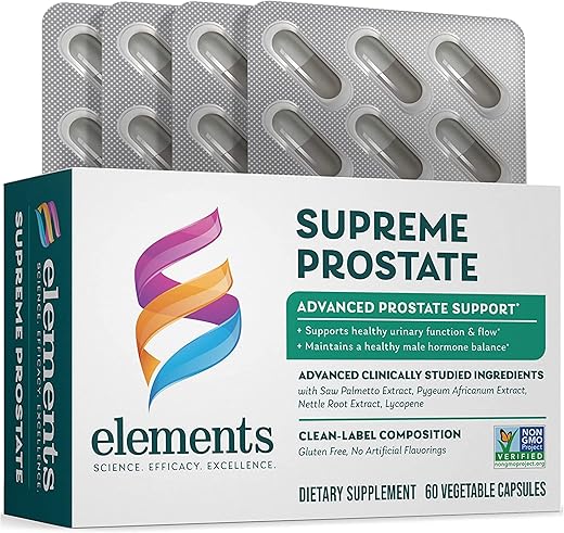 Supreme Prostate – 60 Cápsulas (30 Dias de Suprimento) | Suporte Avançado para Próstata | Promove Fluxo Urinário Saudável | Livre de Glúten - Elements