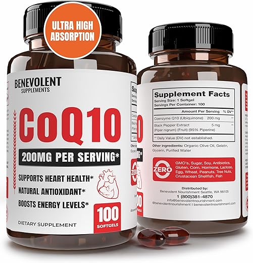Benevolent Nourishment - Premium CoQ10 200mg Softgels – Fórmula Antioxidante para Saúde Cardíaca e Produção de Energia – Absorção Aprimorada – Marca em Destaque