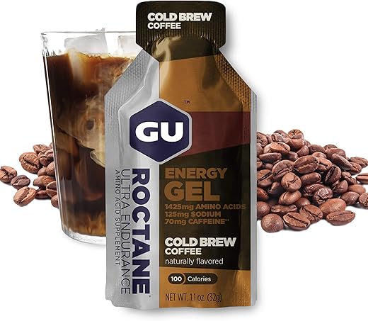 Gel Energético GU Energy Roctane Ultra Endurance, Vegano, Sem Glúten, Kosher e Sem Laticínios para Esportes ao Ar Livre – Corrida, Ciclismo, Caminhada ou Esqui, Cold Brew com 2X de Cafeína