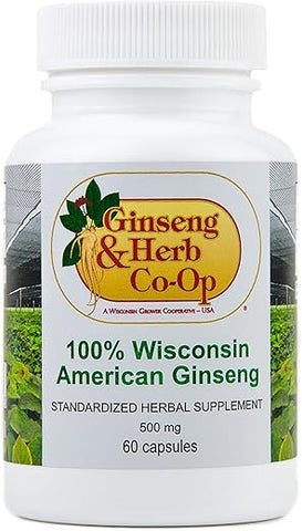 GINSENG & HERB CO-OP A WISCONSIN GROWER COOPERATIVE - USA - Cápsulas de Ginseng Americano Puro de Wisconsin – 500mg. Autêntico Panax Quinquefolius. Raiz de Ginseng Moída Potente – Sem Preenchedores, Ligantes ou Outros Aditivos