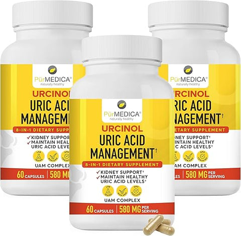 PurMEDICA - Urcinol – Suplemento de Ácido Úrico para Suporte Articular – 60ct (Pacote com 3) – Fórmula de Suporte ao Ácido Úrico com Raiz de Cúrcuma, Açaí, Folha de Banaba, Semente de Aipo, Haste de Yucca