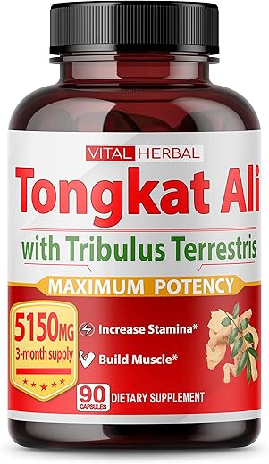 VITAL HERBAL - Ultra Cápsulas de Extrato de Tongkat Ali Equivalente a 5150mg – Máxima Potência com Ashwagandha Tribulus Terrestris Ginseng Horny Goat Weed para Homens Mulheres – Aumente a Energia Construa