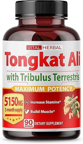 VITAL HERBAL - Ultra Cápsulas de Extrato de Tongkat Ali Equivalente a 5150mg – Máxima Potência com Ashwagandha Tribulus Terrestris Ginseng Horny Goat Weed para Homens Mulheres – Aumente a Energia Construa