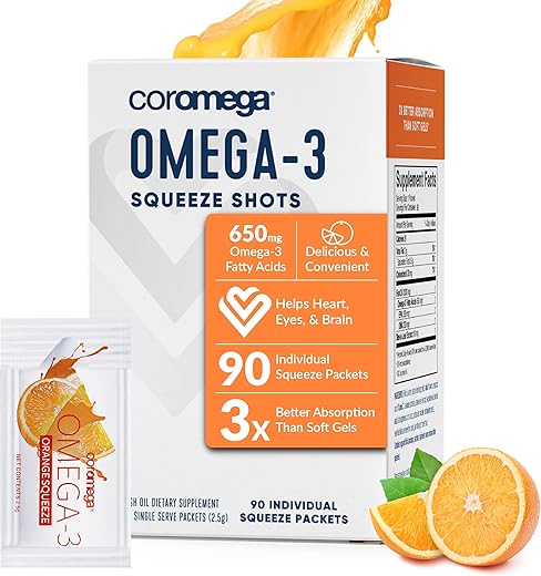 Ômega 3 Óleo de Peixe, 650mg de Ômega-3 com Absorção 3X Melhor que Cápsulas, Sabor Laranja, 90 Pacotes Individuais de Aplicação - Coromega