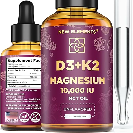 New Elements - VIT D3 K2 Líquido 10000UI com Magnésio Glicinato 5mg | Gotas de VIT D3 K2 para Adultos | Mk7 Vitamina K2 100mcg | Suplemento de Vitamina D3 K2 para Homens