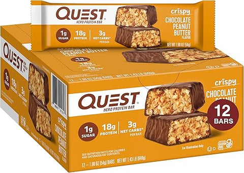 Barra de Proteína Quest Nutrition Crispy Chocolate Peanut Butter Hero, 18g Proteína, 1g Açúcar, 3g Carboidrato Líquido, Snack Proteico Sem Glúten, Amigo da Dieta Keto, 12 Unidades