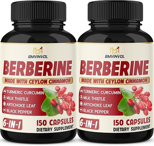 BMVINVOL - 2 Pack Berberine HCl + Canela Ceylon, Cúrcuma, Cardo Mariano, Alcachofra, Pimenta Preta – Suplementos de Raiz de Berberina – Sistema Imunológico