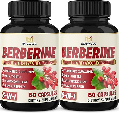 BMVINVOL - 2 Pack Berberine HCl + Canela Ceylon, Cúrcuma, Cardo Mariano, Alcachofra, Pimenta Preta – Suplementos de Raiz de Berberina – Sistema Imunológico