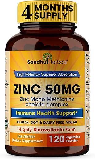 SANDHUHERBALS - Zinc 50mg – 120 Cápsulas Vegetarianas, Suplemento de Zinco Altamente Absorvível para Suporte Imunológico, Livre de Glúten