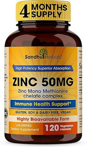 SANDHUHERBALS - Zinc 50mg – 120 Cápsulas Vegetarianas, Suplemento de Zinco Altamente Absorvível para Suporte Imunológico, Livre de Glúten