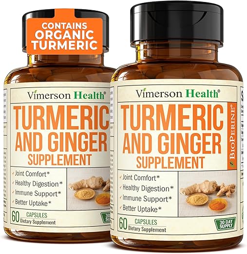 Vimerson Health - Suplemento de Cúrcuma e Raiz de Gengibre para Suporte Articular – Suplemento de Curcumina de Cúrcuma 95% Curcuminoides. Contém Cúrcuma Orgânica com Pimenta Preta (Bioperina) para Máx