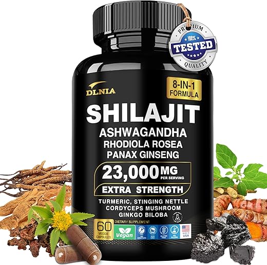 DLNIA - Shilajit Puro do Himalaia 9000MG com Rhodiola Rosea 1000MG, Ashwagandha 2000MG, Ginseng, Gingko Biloba, Cúrcuma, Cogumelo Cordyceps, Urtiga…