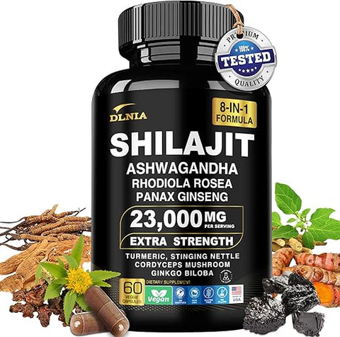 DLNIA - Shilajit Puro do Himalaia 9000MG com Rhodiola Rosea 1000MG, Ashwagandha 2000MG, Ginseng, Gingko Biloba, Cúrcuma, Cogumelo Cordyceps, Urtiga…
