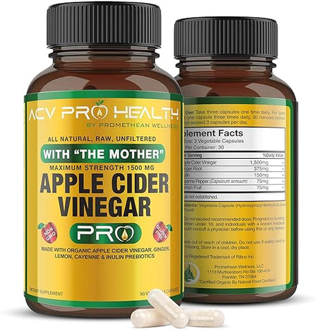 Promethean Wellness - 2-Pack ACV Pro Cápsulas de Vinagre de Maçã Orgânico Certificado com Mãe – Suplemento de Suporte para Desintoxicação, Alívio do Refluxo Ácido, Raiz de Gengibre e Pimenta Caiena