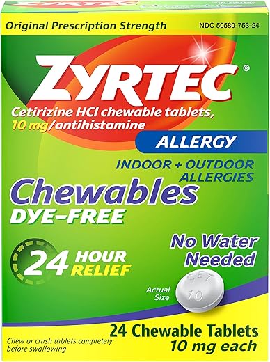 24 Horas Alívio de Alergia Comprimidos Mastigáveis com 10 mg de Cetirizina HCl Antialérgico, Medicamento para Alívio de Sintomas de Alergia Causados por Ervas Daninhas - Zyrtec