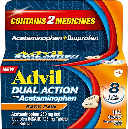 Dual Action Caplets 144 Unidades – Alívio de Dor nas Costas por 8 Horas – 250mg Ibuprofeno e 500mg Acetaminofeno por Dose - Advil