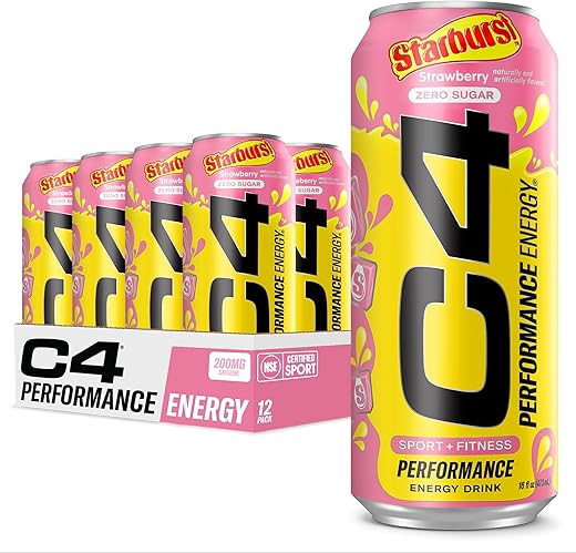 Cellucor - C4 Performance Energy Drink, STARBURST™ Morango, Bebida Pré-Treino Gaseificada Sem Açúcar e Corantes Artificiais (Pack com 12 unidades de 473 ml)