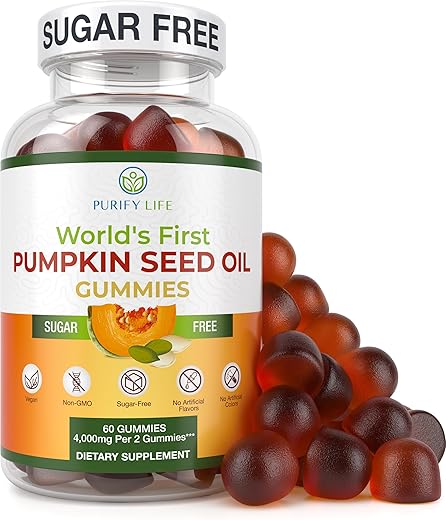 Purify Life - Óleo de Semente de Abóbora Sem Açúcar em Gomas (4.000mg/porção) – Cabelos Saudáveis, Pele Jovem, Saúde da Próstata, Imunidade