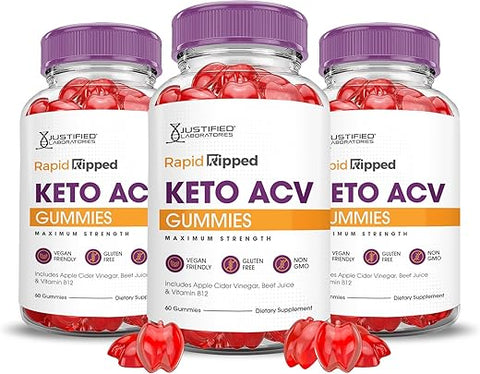 Justified Laboratories - (3 Pacotes) Gomas de Rápida Queima Keto ACV Fórmula Avançada 1000MG Rapidripped Keto Gomas Vinagre de Maçã Formulado com Romã e Beterraba em Pó B12 Vegano Não GMO 180g