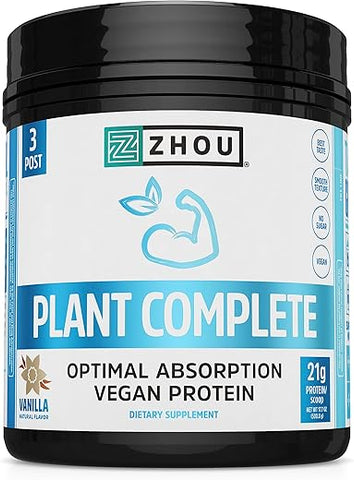 ZHOU - Zhou Nutrition: Proteína Vegana em Pó, Melhor Absorção Digestiva, Perfil Completo de Aminoácidos, Livre de Laticínios, Livre de Soja, Livre de Glúten, Sem Açúcar, Baunilha, 21g de Proteína