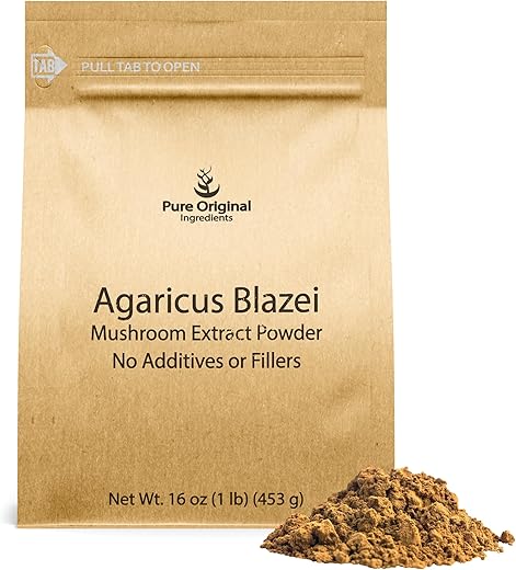 PURE ORIGINAL INGREDIENTS - Pó de Cogumelo Agaricus Blazei, 454g, Ingredientes Puros e Originais, Sem Aditivos ou Preenchedores