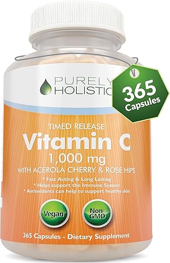 Vitamina C 1000mg Purely Holistic, 365 Cápsulas, 12 Meses de Suprimento, Liberação Gradual em 2 Etapas com Ácido Ascórbico e Rosa Mosqueta