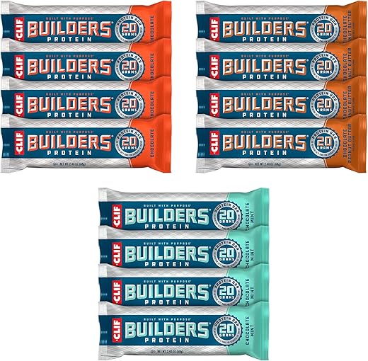 CLIF BUILDER'S - CLIF Builders – Pack Variado – Barras de Proteína à Base de Plantas – Sem Glúten – Não-OGM – Baixo Índice Glicêmico – 20g de Proteína – 68g (12 Unidades)