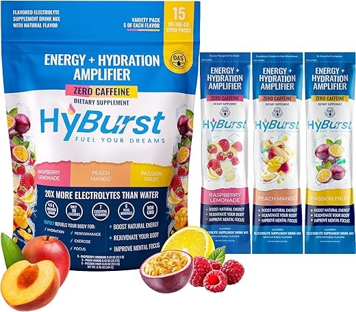 Hyburst - Amplificador de Hidratação Energética – Pacotes de Pó de Eletrólitos Multivitamínicos – Vitamina D3 K2 – Complexo de Vitaminas B6 B12 – Pó de Bebida Energética sem L-Teanina Cafeína – 15 Pacotes de Hidratação
