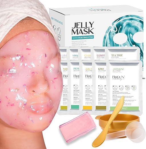 Conjunto Spa Máscara de Borracha Hidratante BRÜUN Peel-Off Jelly Mask – 10 Tratamentos (Ouro 24k, Lavanda, Kiwi, Hortelã-pimenta, Rosa Egípcia, Matcha, Camomila, Árvore de Chá, Jasmim)