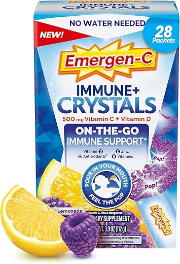 Immune Plus Crystals – Suplemento de Suporte Imunológico On-The-Go com Vitamina C, Vitamina D, Vitaminas do Complexo B, Zinco e Manganês, Sabor Limonada de Frutas Vermelhas – 28 Sachês - Emergen-C