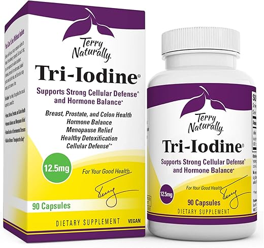 Tri-Iodine 12.5 mg – 12500 mcg Iodo, 90 Cápsulas Veganas – Equilíbrio Hormonal, Estimula o Seio - Terry Naturally