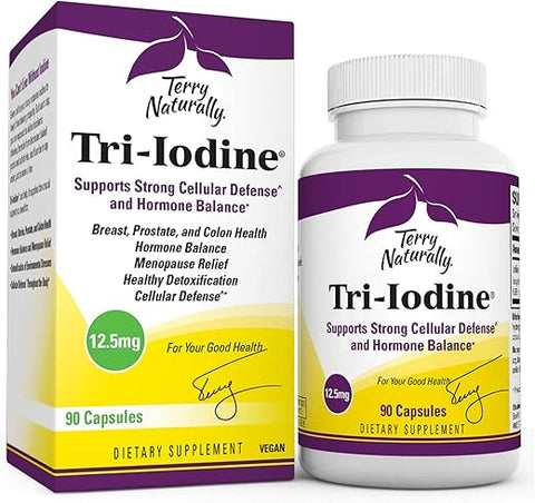 Tri-Iodine 12.5 mg – 12500 mcg Iodo, 90 Cápsulas Veganas – Equilíbrio Hormonal, Estimula o Seio - Terry Naturally