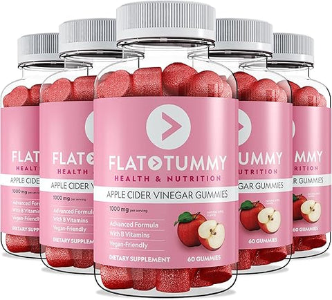 Gomas de Vinagre de Maçã Flat Tummy, 60 Unidades (5 Pacotes) – Gomas de ACV, Detox, Suporte à Saúde Intestinal – Vegano, Não-OGM – Pós de Beterraba e Romã, Vitaminas