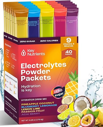 Pacotes de Pó de Eletrólitos Sem Açúcar – 5 Sabores Deliciosos em Pacotes de Hidratação 40 Pacotes – Pó de Eletrólitos Sem Glúten - KEY NUTRIENTS