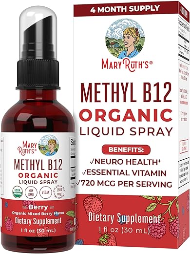 MaryRuth Organics - Spray de Vitamina B12 Orgânica USDA | Líquido de Vitamina B12 Orgânica em Spray | Suplemento de Vitamina B12 Líquida para Função do Sistema Nervoso | Vitamina B12 Líquida para Suporte Energético | Vegano | Não-OGM | 30ml