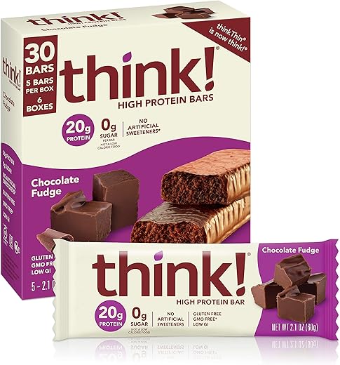 THINK - Think! Barras de Proteína – Snacks de Alta Proteína, Sem Glúten, Sem Açúcar – Barra Energética com Proteína Isolada do Soro do Leite, Sabor Chocolate Fudge – Barras Nutricionais sem Adoçantes Artificiais, 30g