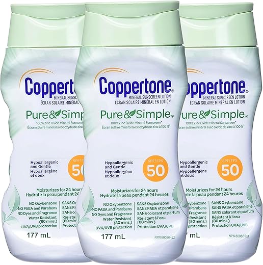 Pure and Simple Loção Protetora Solar Mineral de Óxido de Zinco SPF 50, Resistente à Água, Amplo Espectro para Pele Sensível, 180 ml (Pack…) - Coppertone