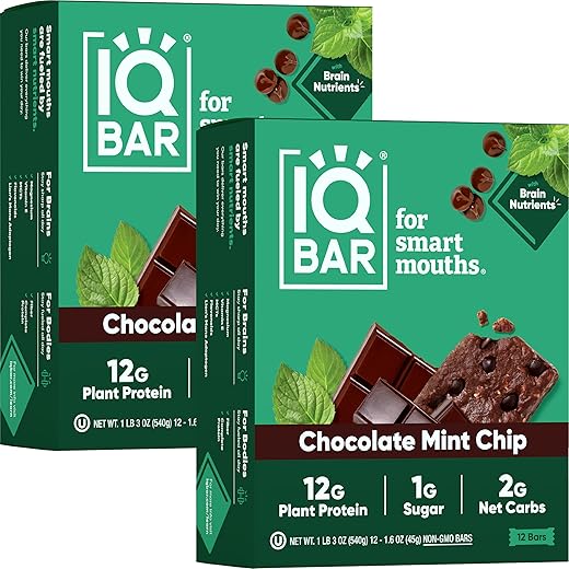 Barras de Proteína Keto para o Cérebro e Corpo – Chocolate Chip de Hortelã – 24 Barras Energéticas – Baixo Carboidrato/Açúcar – Barras Substitutas de Refeição com Alta Fibra – Lanches Veganos - IQBAR