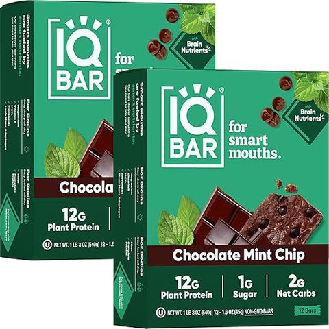 Barras de Proteína Keto para o Cérebro e Corpo – Chocolate Chip de Hortelã – 24 Barras Energéticas – Baixo Carboidrato/Açúcar – Barras Substitutas de Refeição com Alta Fibra – Lanches Veganos - IQBAR