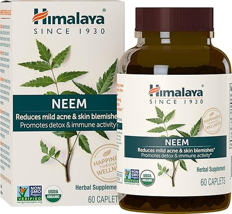 Neem Orgânico Suplemento Herbal para Pele, Suave para Acne, Pele Limpa, Purificante, Ayurvédico, Certificado Orgânico USDA, Não-OGM, Vegano, 600 mg, 60 Cápsulas à Base de Plantas - Himalaya