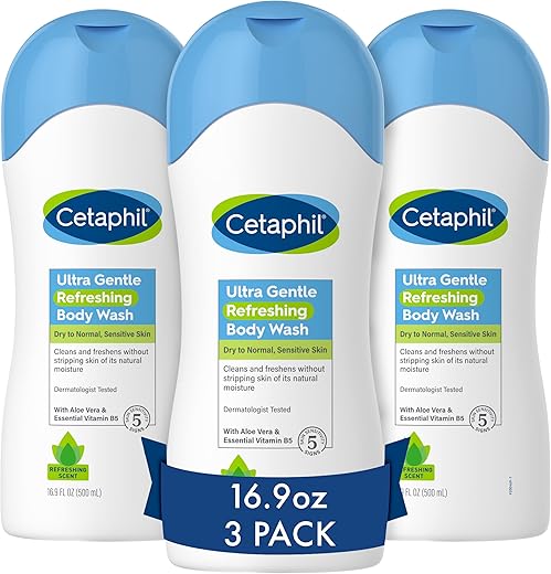 Body Wash Ultra Gentle Refrescante, Fragrância Refrescante Para Pele Seca a Normal, Sensível, 500ml Pack com Aloe Vera, Calêndula, Vitamina B5, Hipoalergênico - Cetaphil