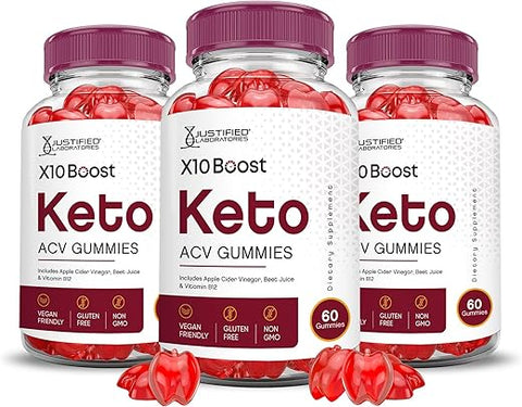 Justified Laboratories - (3 Pacotes) X10 Boost Keto ACV Gummies Fórmula Avançada 1000MG X 10 Boost Keto Gummies Vinagre de Maçã Boost Formulado com Pó de Romã e Beterraba B12 Vegano Não GMO 180g