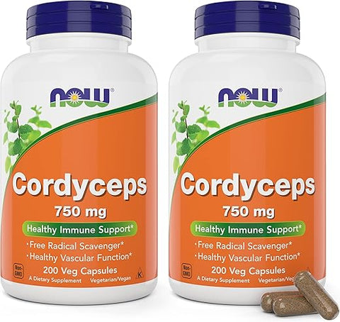 Cordyceps 200 Cápsulas (Pacote com 2) 750mg, Vegano Cogumelo Não-OGM VCaps - NOW Foods